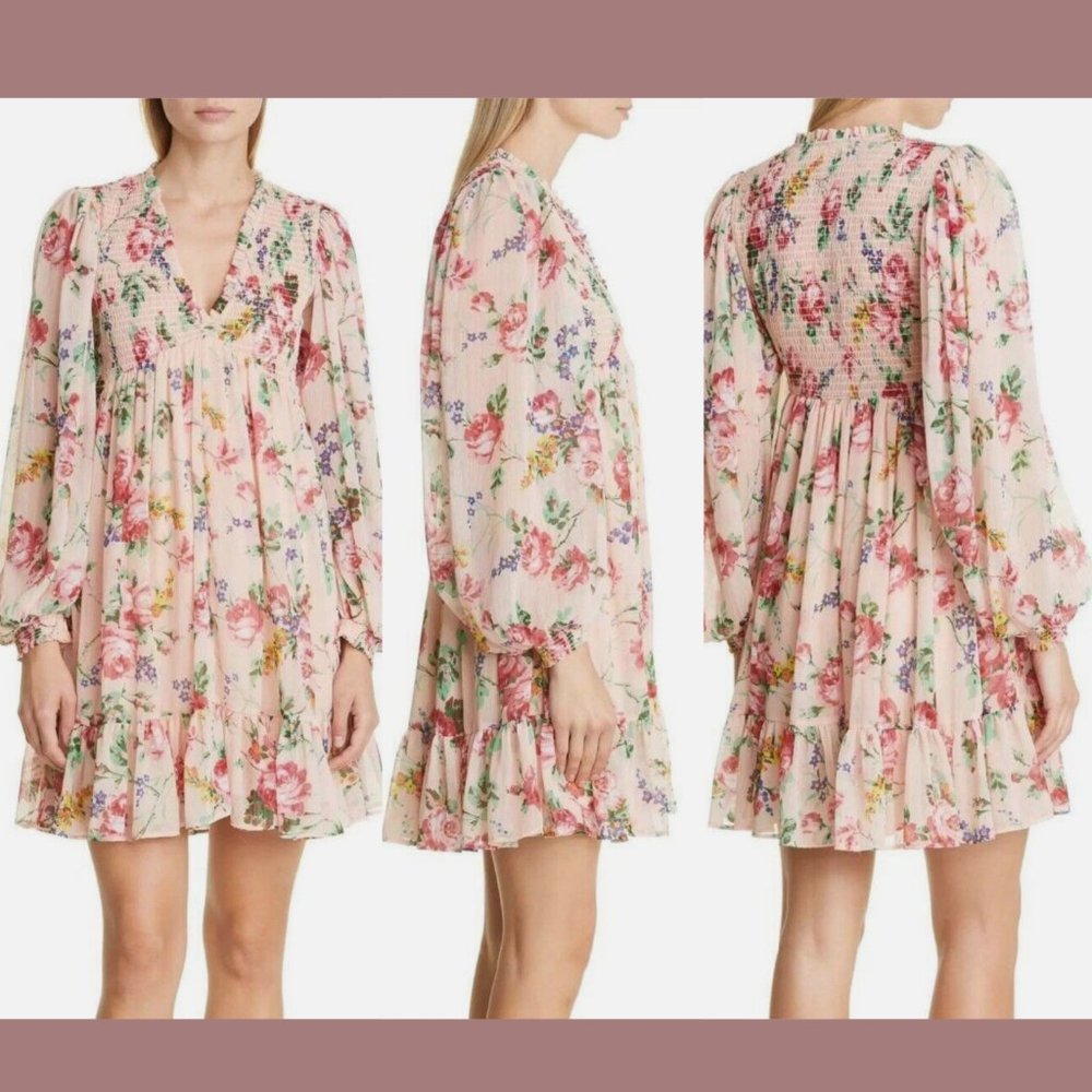 NEW $415 BYTIMO [ XXS ]‎ Floral Print Long Sleeve Chiffon Minidress In Pink